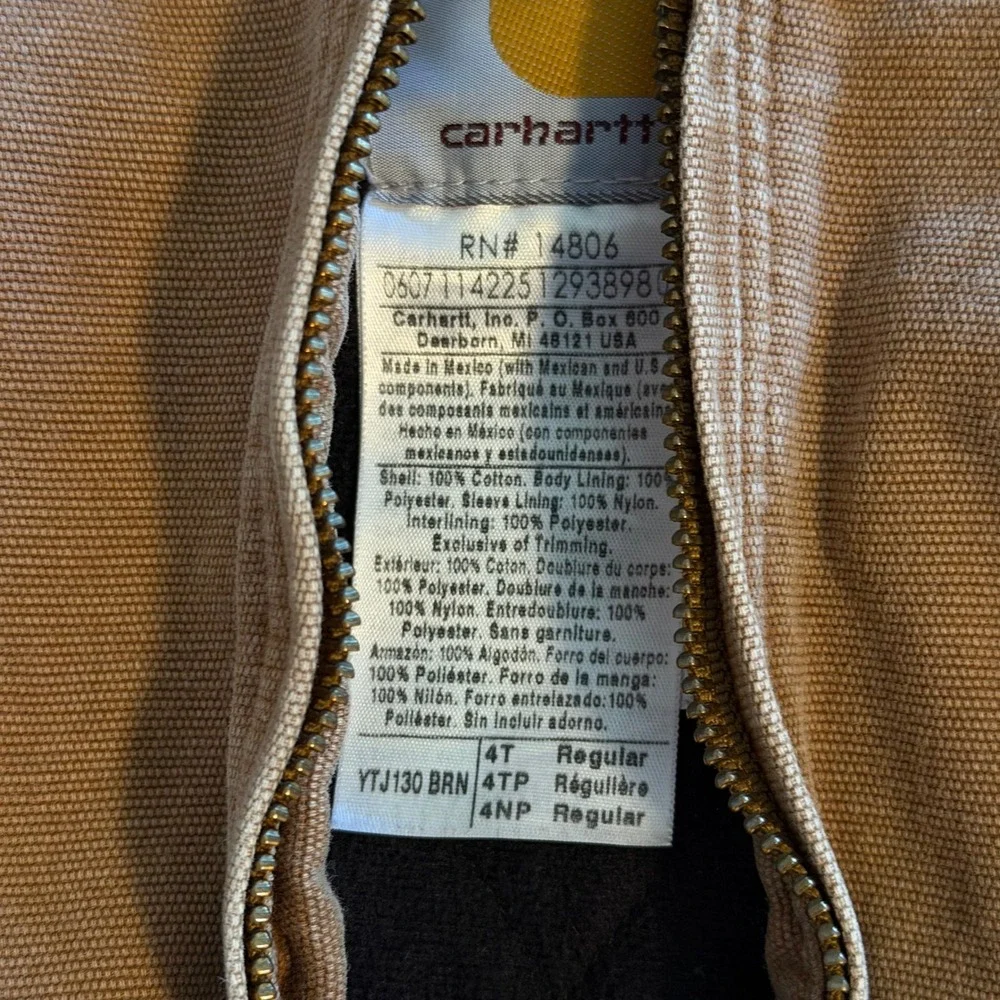 Carhartt Kids Active Jacket 4T Brown Cotton Duck Hooded Work Coat YTJ130 BRN